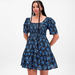 GAP 100% Cotton Blue Floral Smocked Puff Sleeve Dress Cottagecore Boho Mini
